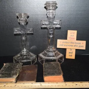 Pair of Clear Glass Crucifix Candlesticks, Standing Cross Plaque, Three Religious Prayer Books