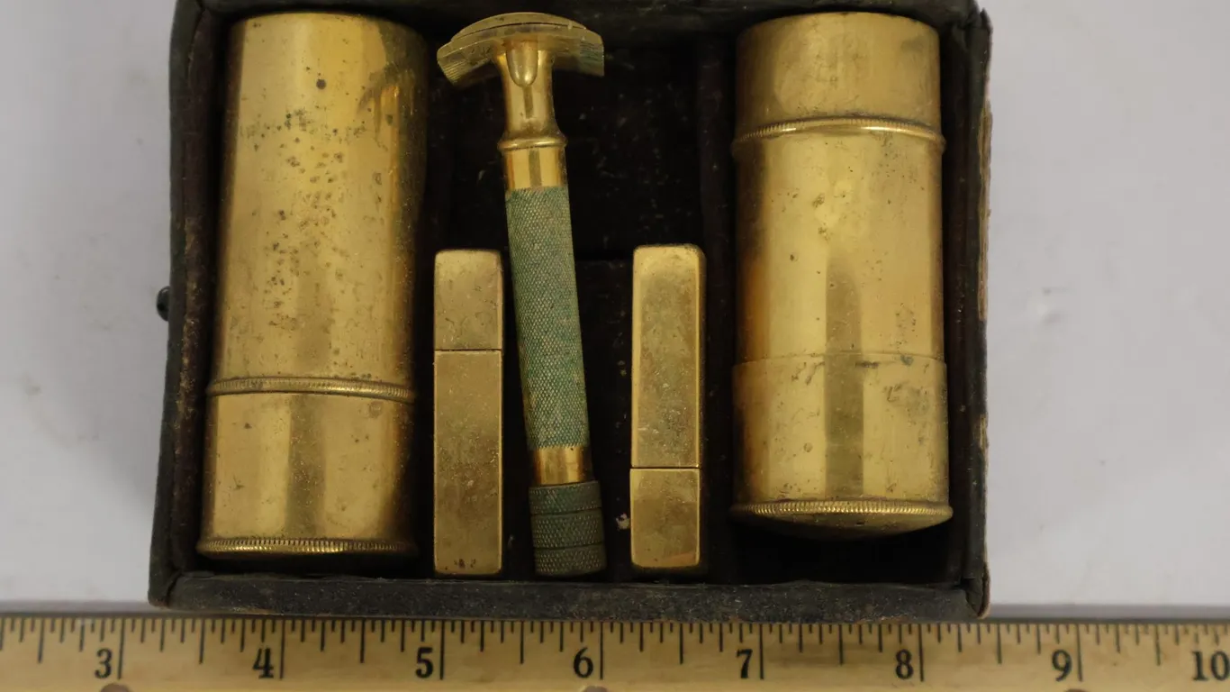 Brass Travel Shaving Set in Fitted Case, Approx. 5.25 Inches Wide