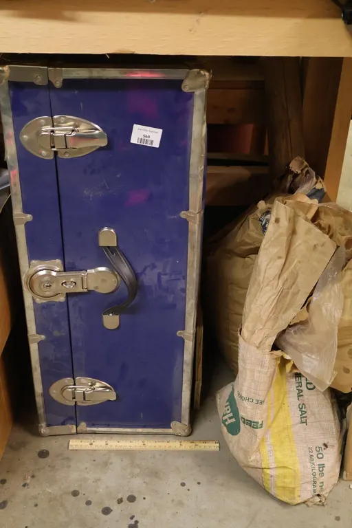 Blue Storage Trunk and Bag of American Royal Fine Rock Salt, and More