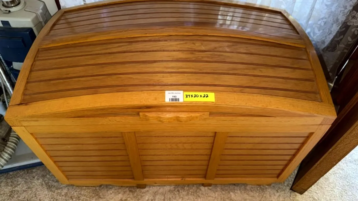 Arched Top Wooden Storage Chest with Assorted Contents