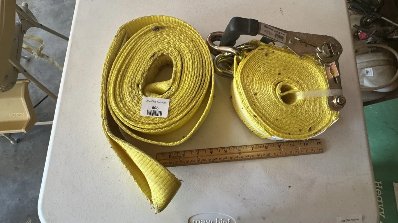Two Yellow Webbing Straps, Providence Automotive 2 Inch x 27 Foot Ratchet Tie-Down with J-Hooks and Tow Strap