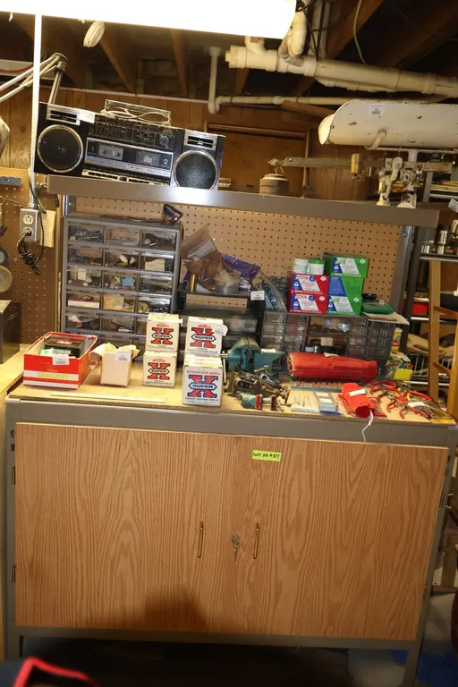 Metal Workbench with Pegboard Back, Upper Shelf, Two-Door Base Cabinet
