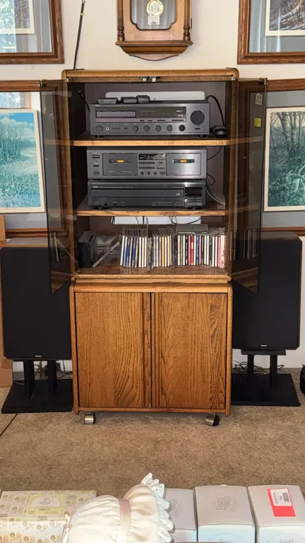 Yamaha KX-W232 Natural Sound Stereo Double Cassette Deck, Yamaha CDC-605 Natural Sound Automatic CD Changer, Boston Speakers, Oak Stereo Cabinet, CDs,