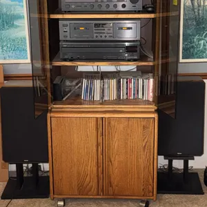 Yamaha KX-W232 Natural Sound Stereo Double Cassette Deck, Yamaha CDC-605 Natural Sound Automatic CD Changer, Boston Speakers, Oak Stereo Cabinet, CDs,