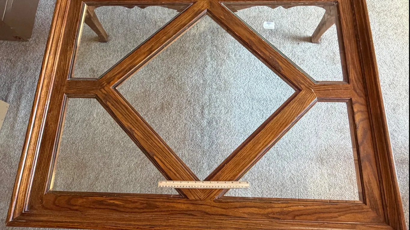 Oak Coffee Table with Inset Glass Panels, Carved Shell Apron, Cabriole Legs