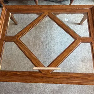 Oak Coffee Table with Inset Glass Panels, Carved Shell Apron, Cabriole Legs