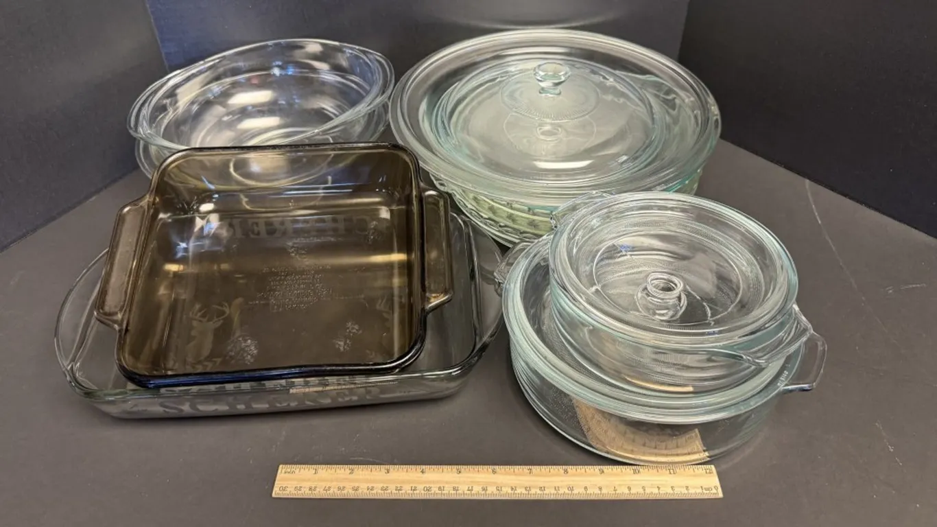 Assorted Clear and Smoked Glass Bakeware and Casserole Dishes