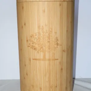 Bamboo Cylindrical Container with Lid and Engraved Tree Design