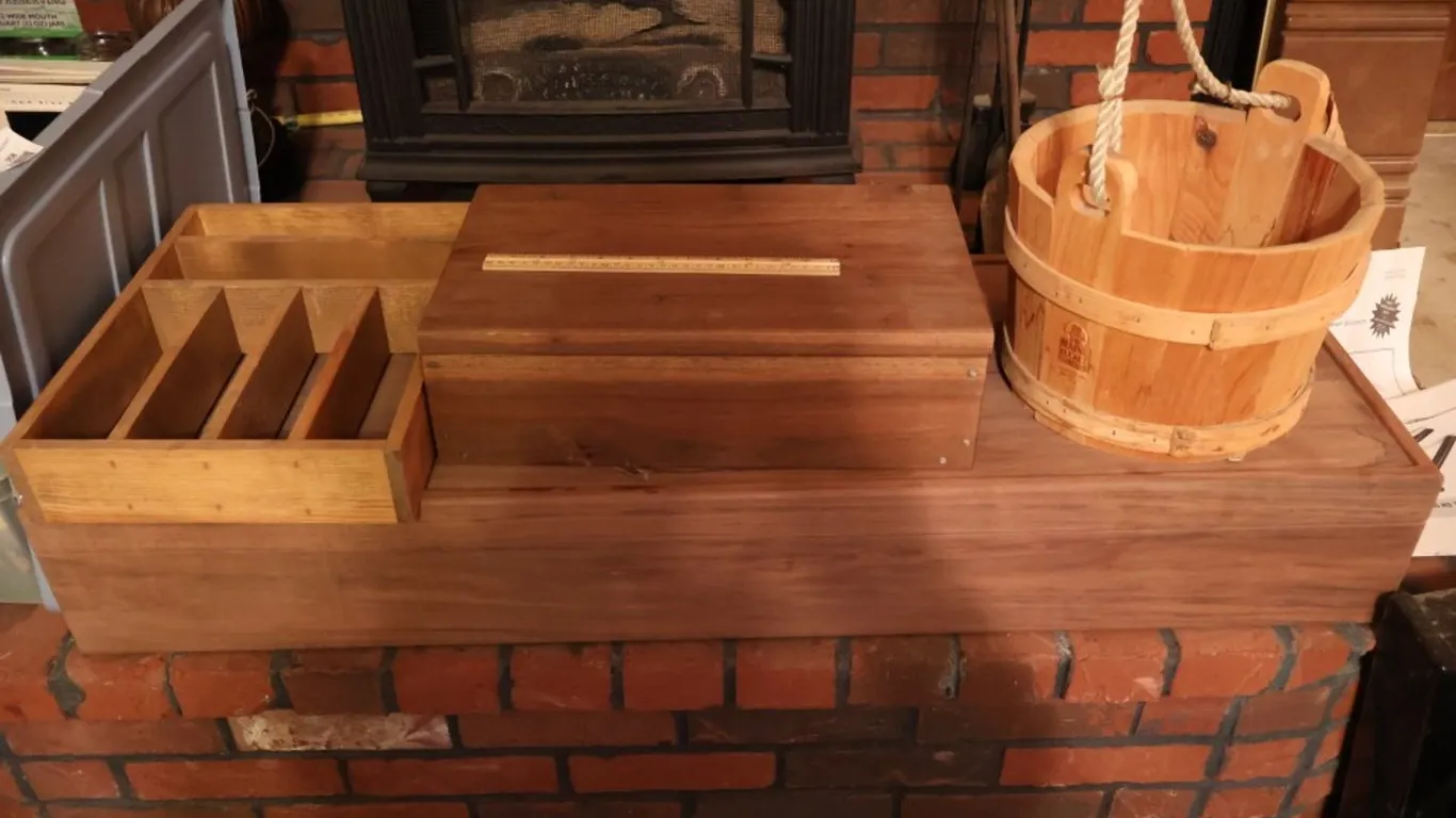 Assorted Wooden Items: Bucket, Divided Organizer Tray, and Lidded Boxes