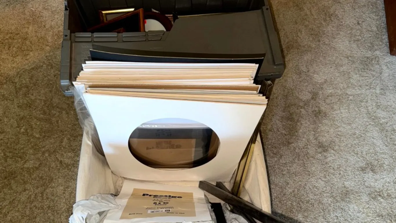 Assorted Picture Frames, Mat Boards, and Sectional Frame Hardware