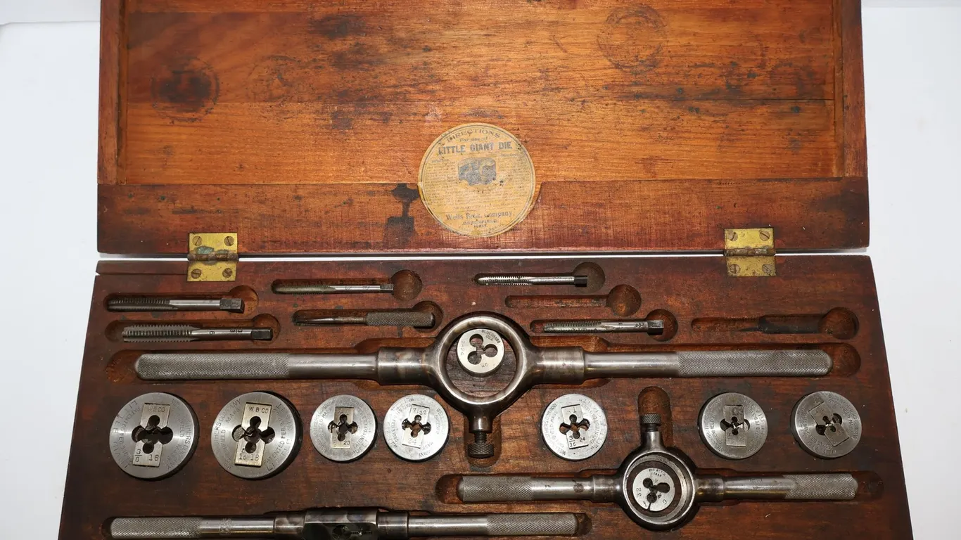 Vintage Wells Brothers Company Little Giant Tap and Die Set in Fitted Wooden Case