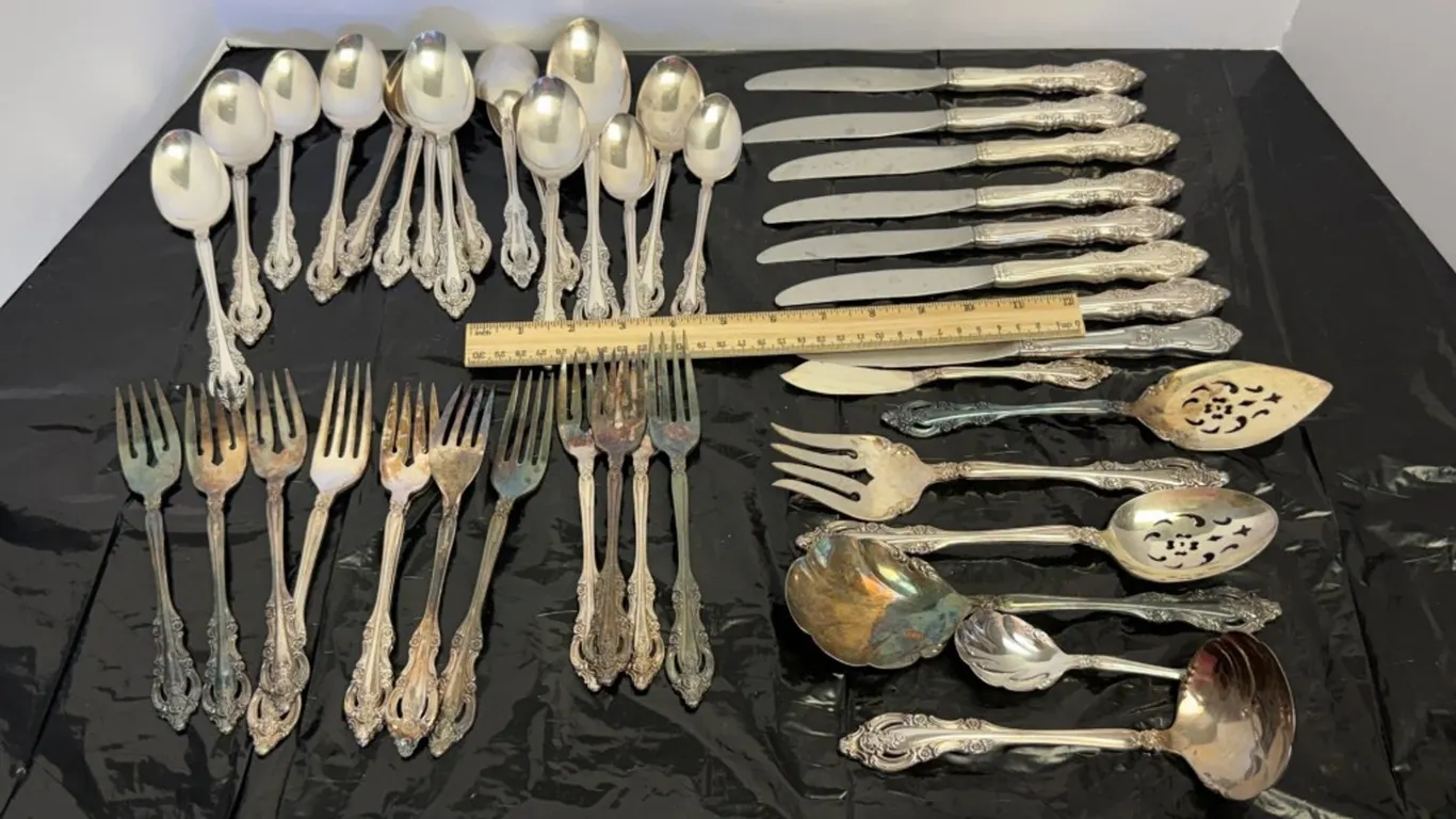 Silver Plate Ornate Floral Scroll Flatware Set with Serving Pieces