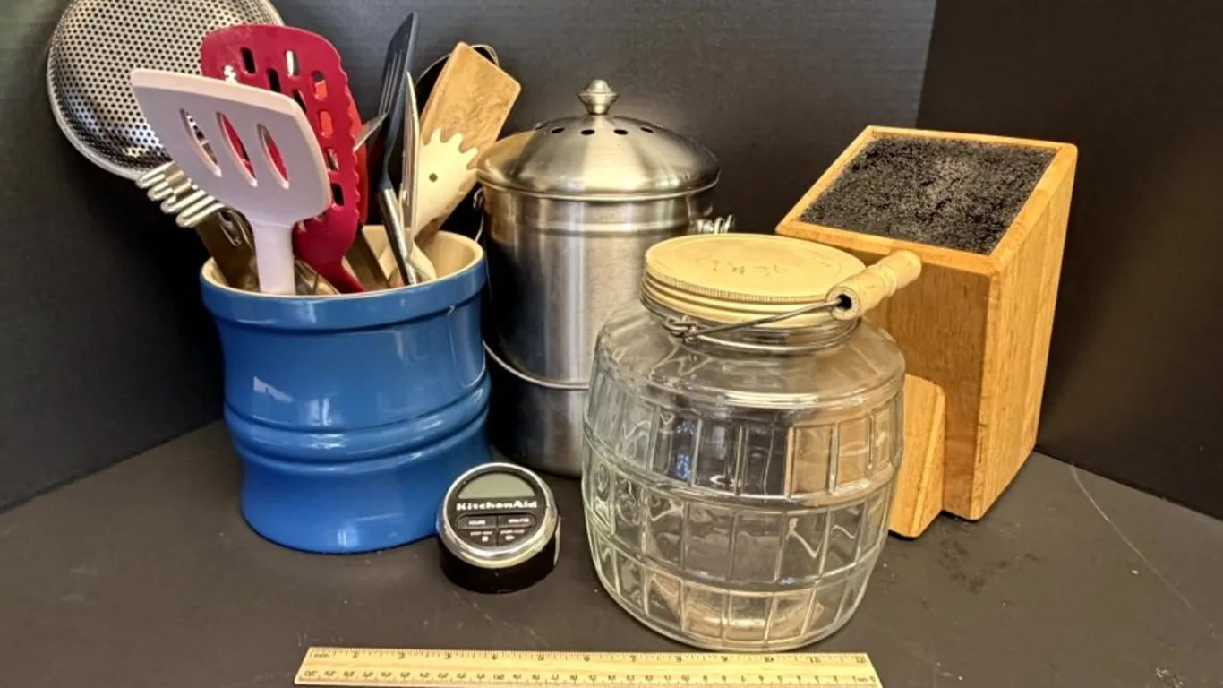 Assorted Kitchenware: Utensil Crock with Utensils, Stainless Steel Compost Pail, Universal Knife Block, and More