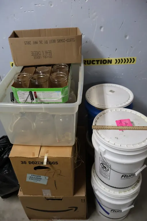 Glass Canning Jars and Plastic Utility Buckets with Lids, and More