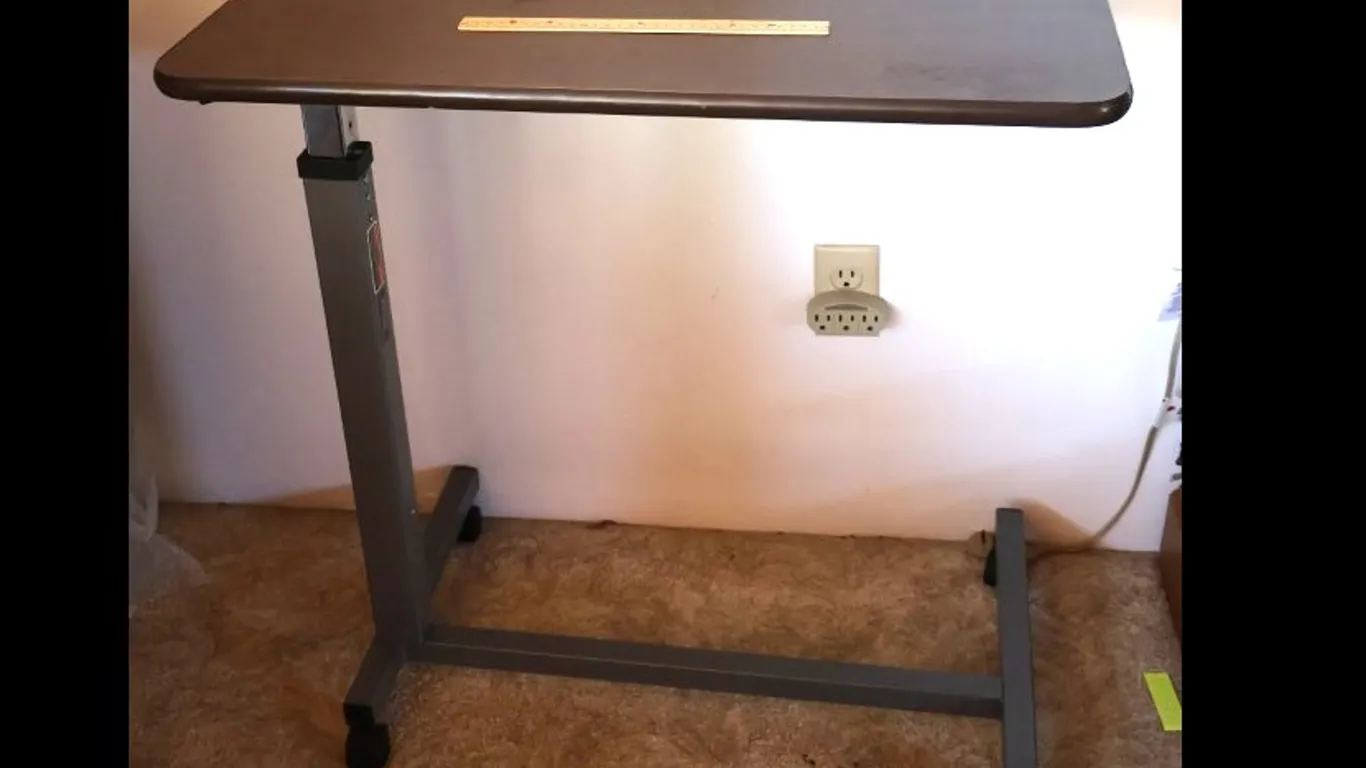 Adjustable Overbed Table, Dark Brown Woodgrain Laminate Top, Grey Metal Base