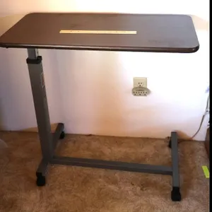 Adjustable Overbed Table, Dark Brown Woodgrain Laminate Top, Grey Metal Base