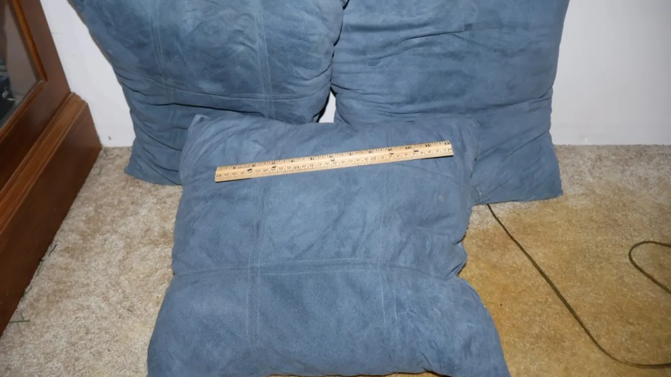 Three Blue Faux Suede Throw Pillows, Stitched Grid Pattern