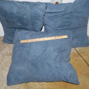Three Blue Faux Suede Throw Pillows, Stitched Grid Pattern
