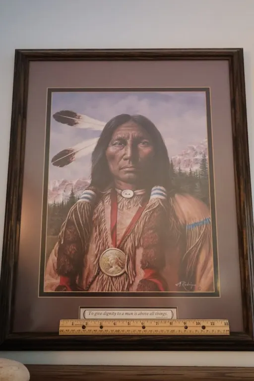 Framed Native American Portrait Print, Marked "A Rodriguez"