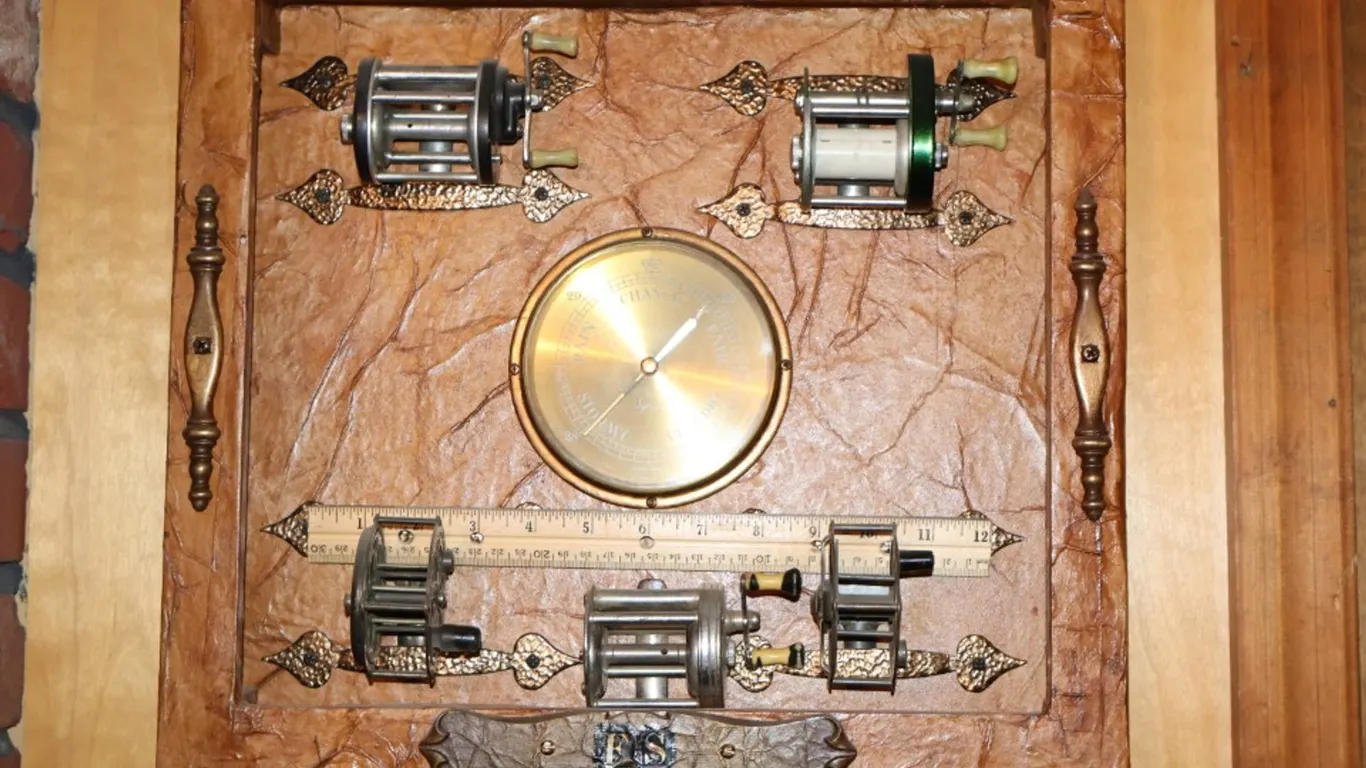 Wall Display Plaque with Five Mounted Fishing Reels and Syroco Barometer