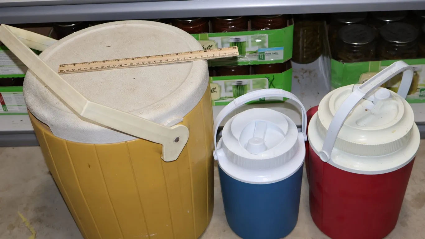 Three Insulated Beverage Jugs, Red, Blue, and Yellow