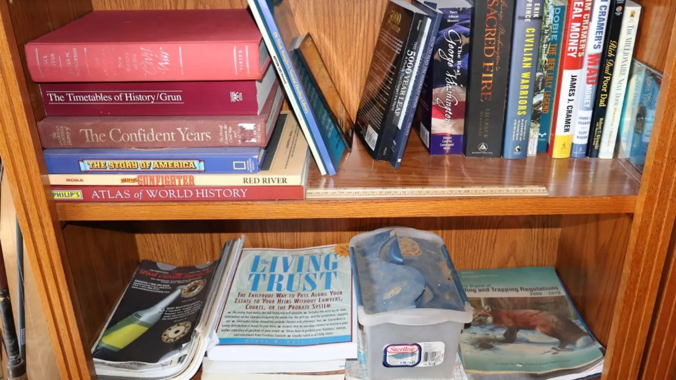Assorted History, Finance, and Reference Books, Booklets, and Sterilite Storage Container