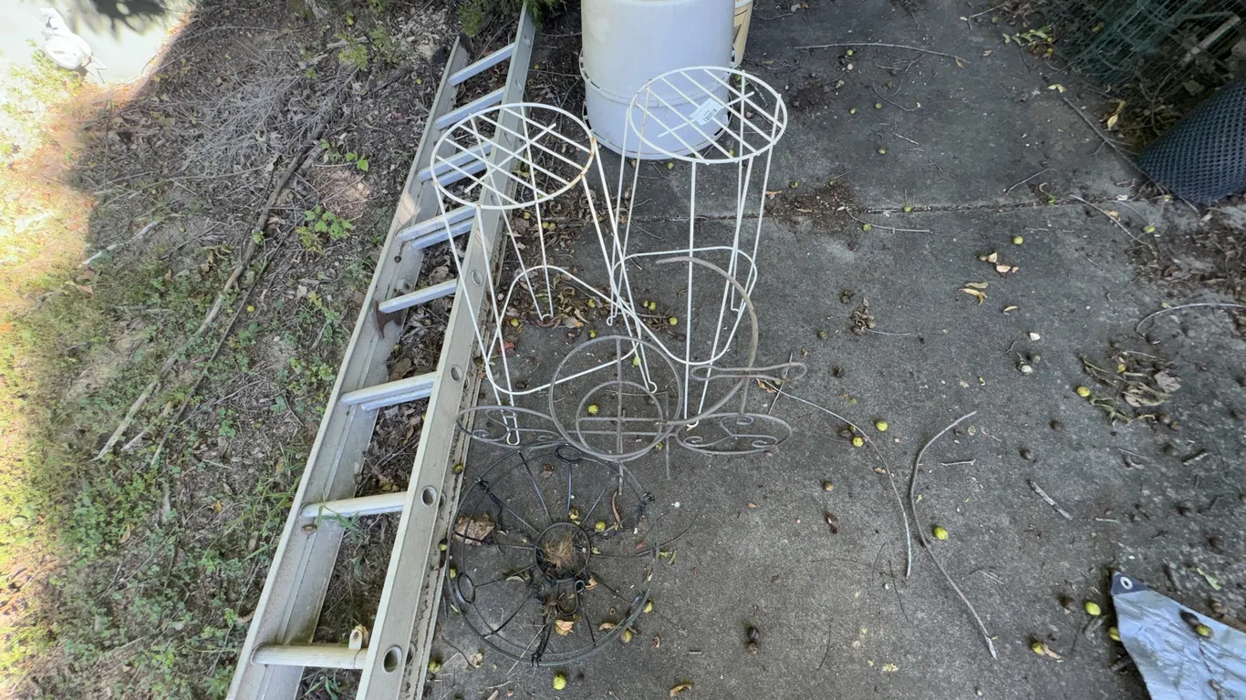 Pair of White Wire Plant Stands and Wire Tricycle Plant Stand, and More