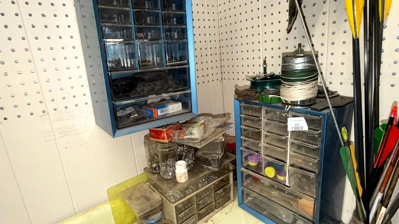 Blue Metal Multi-Drawer Hardware Cabinet with Contents and Plastic Multi-Drawer Parts Organizer, and More
