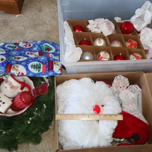 Assorted Christmas Holiday Decor, Artificial Pine Wreath, Tree Ornaments, Snow Globe, and Ceramic Tableware
