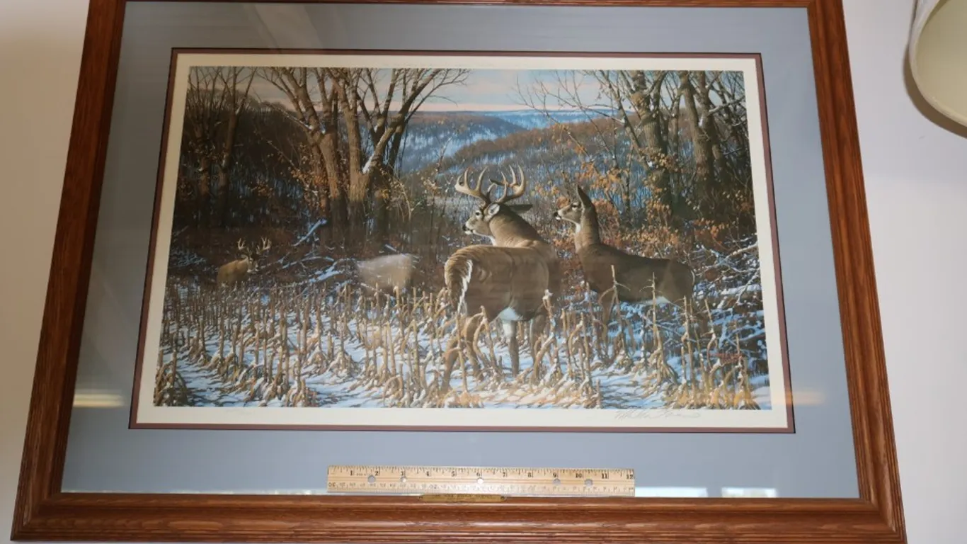 Michael Sieve Framed Wildlife Art Print, "Oak Ridge Challenge - Whitetail Deer", Pencil Signed