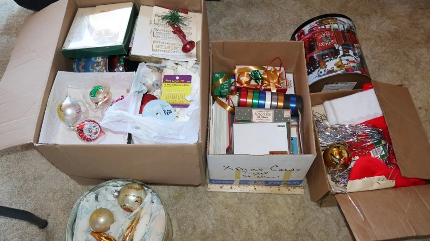 Assorted Christmas Ornaments, Holiday Tin, Greeting Cards, Ribbon, and Decor