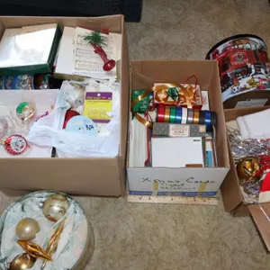 Assorted Christmas Ornaments, Holiday Tin, Greeting Cards, Ribbon, and Decor