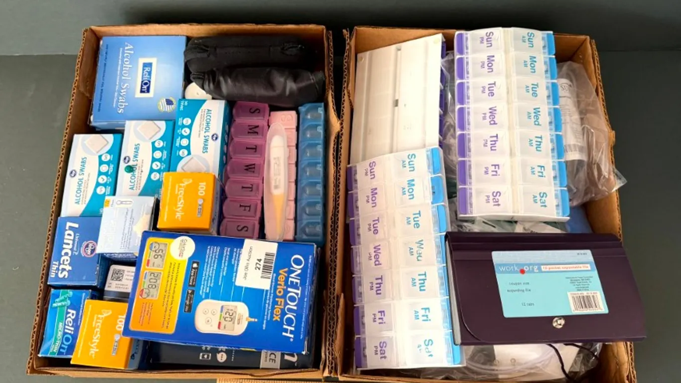 Assorted Diabetic and Home Health Care Supplies, Testing Monitors, Lancets, and Pill Organizers