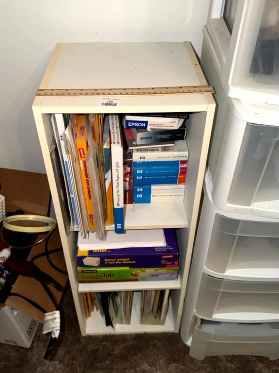 White Three-Shelf Bookcase with Office and Printing Supplies