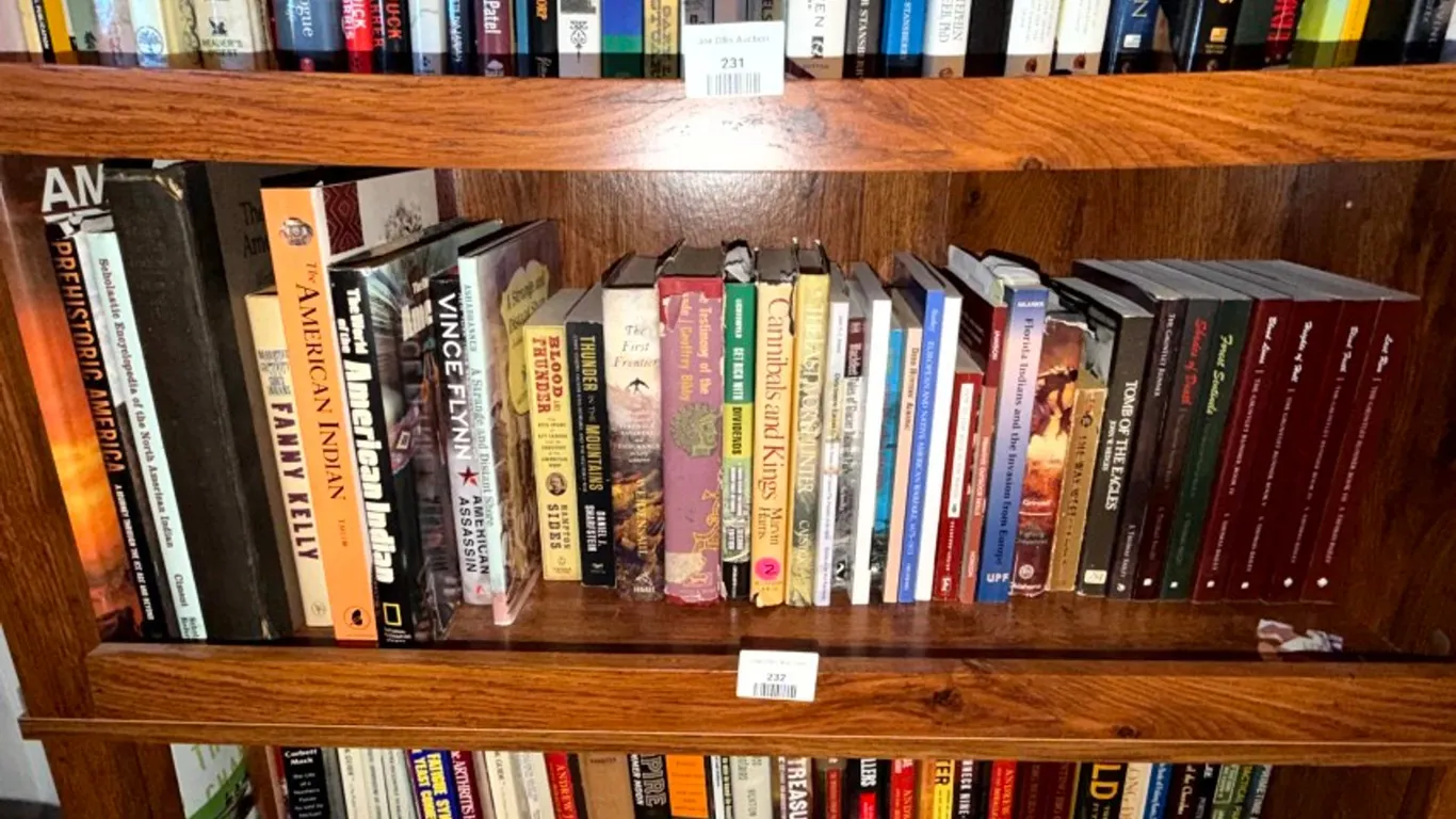 Assorted Hardcover and Paperback Books, Native American History, Outdoor Skills, and Fiction