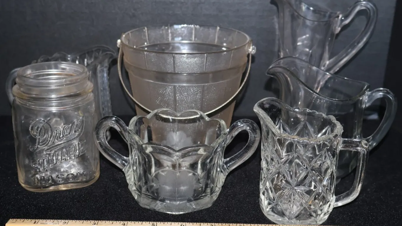Clear Glass Ice Bucket, Canning Jar, Sugar Bowl, and Creamers