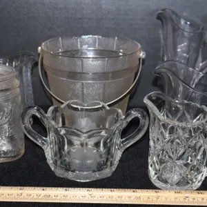 Clear Glass Ice Bucket, Canning Jar, Sugar Bowl, and Creamers