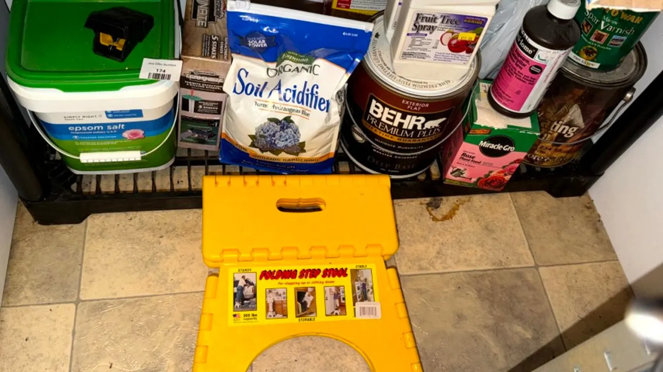 Assorted Lawn and Garden Supplies, Finishes, and Yellow Folding Step Stool