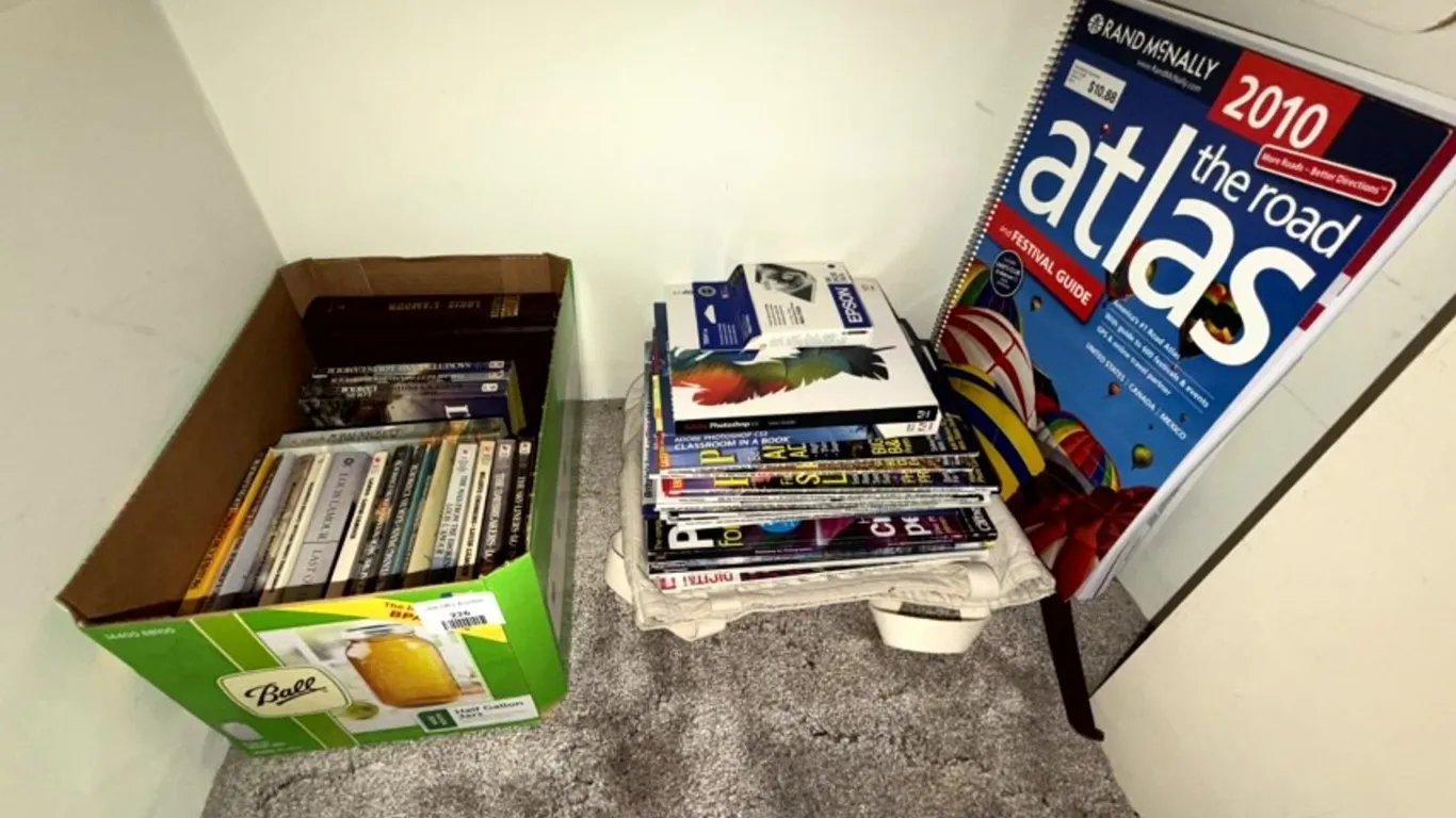 Assorted Books, Magazines, Rand McNally 2010 Road Atlas, and Epson Ink Cartridge