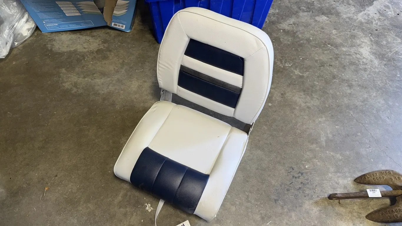 B and M Folding Boat Seat, White and Navy Blue Vinyl