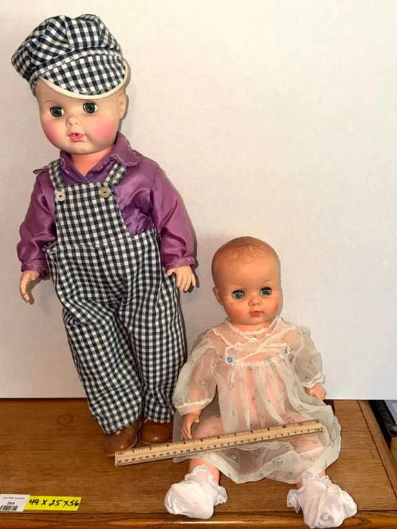 Two Dolls, Molded Hair Baby Doll and Doll in Checkered Overalls with Matching Cap