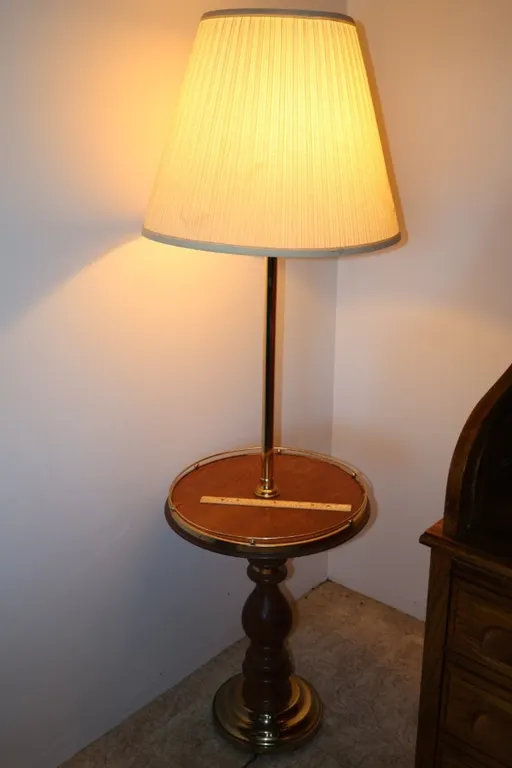 Wood and Brass-Tone Floor Lamp with Integrated Tray Table