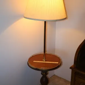 Wood and Brass-Tone Floor Lamp with Integrated Tray Table