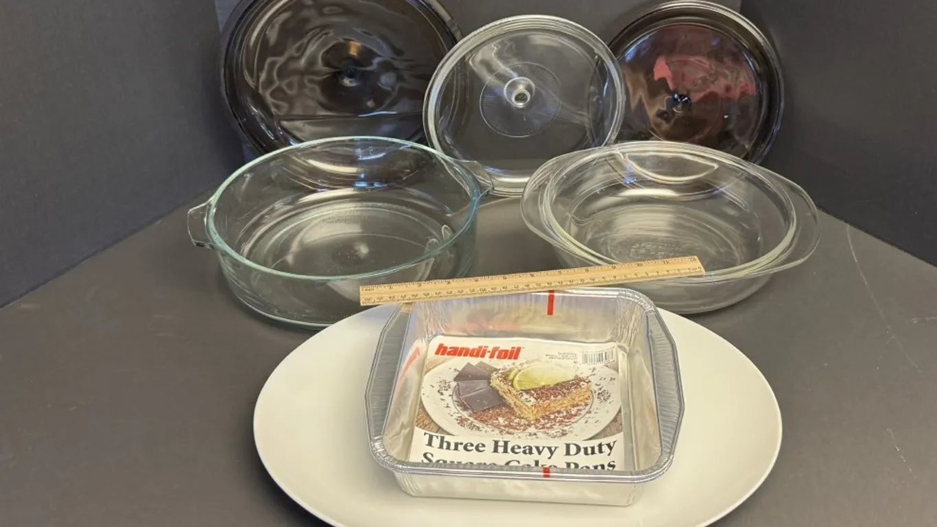 Assorted Glass Bakeware, Cookware Lids, Ceramic Platter, and Foil Cake Pans