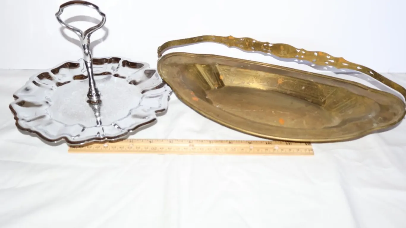 Two Handled Metal Serving Dishes: Round Server and Oval Brass Basket