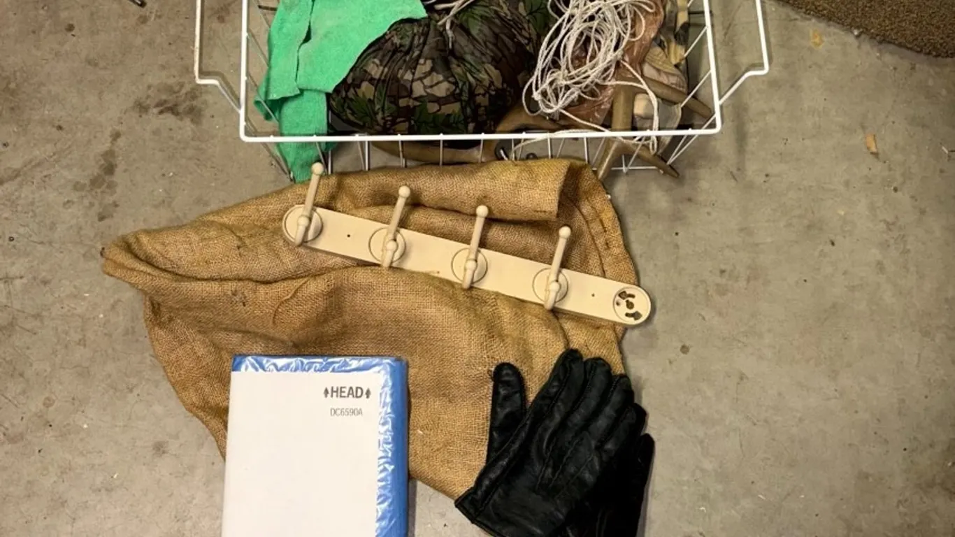 Assorted Outdoor Gear, Rattling Antlers, Four-Peg Wall Rack, Wire Basket, Burlap Sack, and More