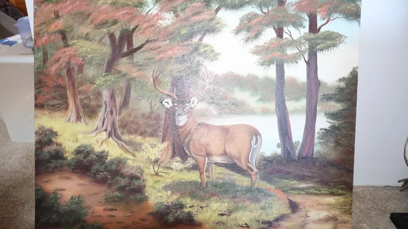 Framed Buck Deer Woodland Landscape Painting