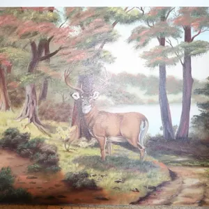 Framed Buck Deer Woodland Landscape Painting