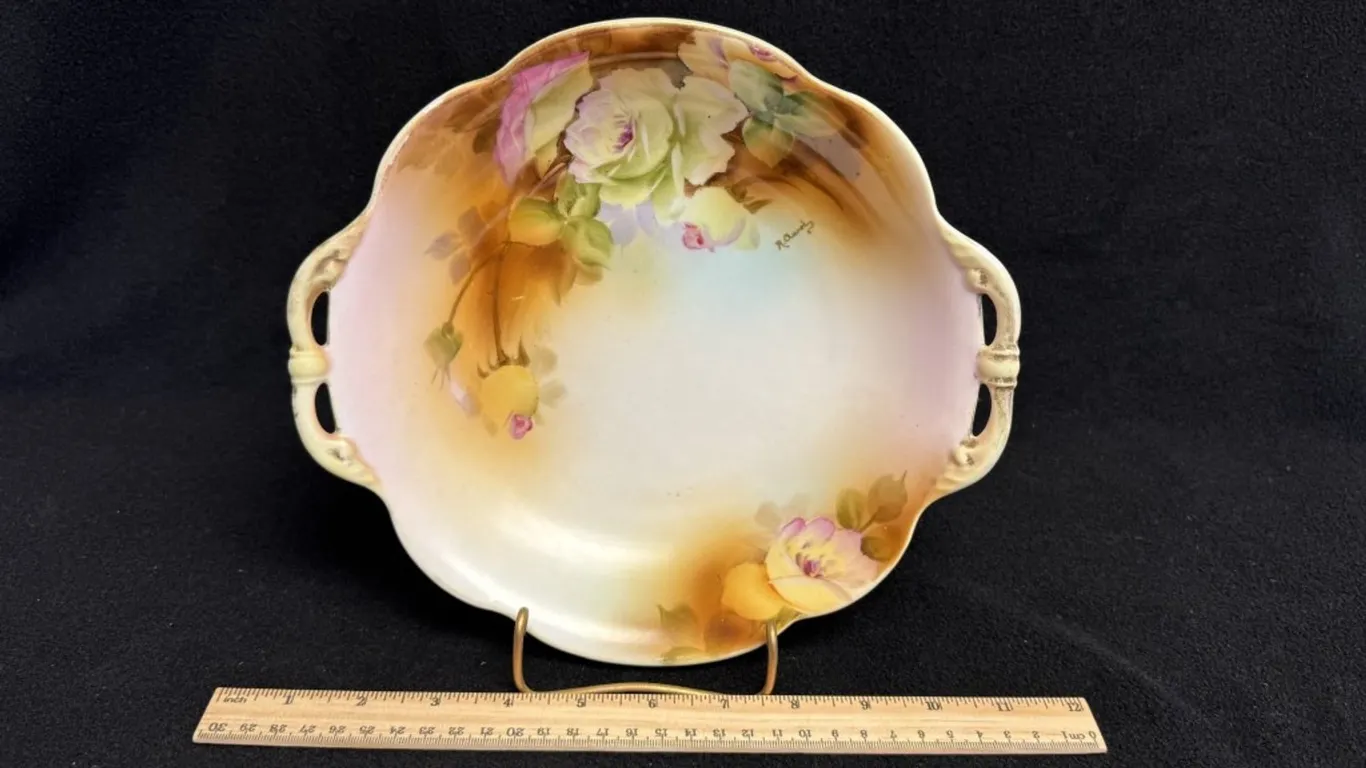 Hand-Painted Floral Porcelain Two-Handled Dish, Approx. 7 Inches Wide