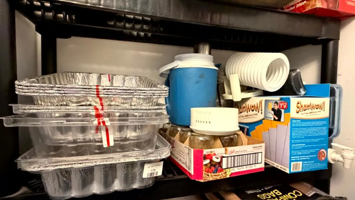 Assorted Kitchen and Household Items: Canning Jars, Disposable Pans, Beverage Cooler, Thermos, and Cleaning Towels